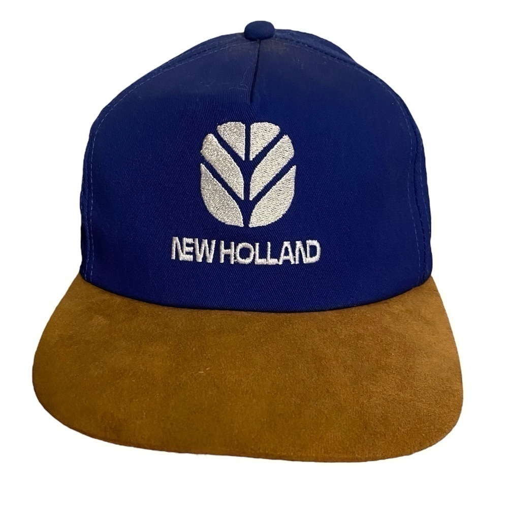 Vintage New Holland K Products Snap Back Hat Suede Like Brim Blue Brown Trucker